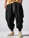 Pantalon à taille avec cordon de serrage et manchette élastique pour hommes, couleur unie, ample, avec poche - Noir