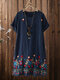 Ethnic Floral Embroidery Plus Size Linen Beaches Dress with Pocket - Navy