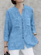 Women Striped Notched Neck Button Up Cotton Shirt - Blue