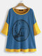 Cute Cat Cartoon Patchwork Plus Size Casual T-shirt - Blue