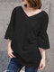 Женская однотонная повседневная футболка с v-образным вырезом и рукавами с рюшами - Черный