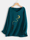 Cartoon Cat Moon Print Long Sleeve V-neck Blouse For Women - Lake Blue