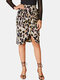 Leopard Print Knotted Asymmetrical Casual Skirt for Women - Brown