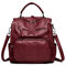Women Soft PU Leather Multi-function Handbag Solid Large Capacity Backpack - Wine Red