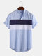 Mens 100% Cotton Light Breathable Color Block Patchwork Short Sleeve Shirt - Blue