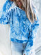 Tie-dye Printed Long Sleeve Drawstring Hoodie For Women - Blue