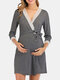 Maternity Lace Spliced Lace-up Three Quarter Sleeves Nursing Pajama Dress - Dark Gray