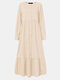 Women Ethnic Solid Color Button Patchwork O-neck Long Sleeve Dress - Apricot