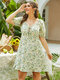 Plus Size Square Neck Calico Lace-Up Design Short Sleeves Dress - Green