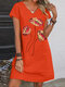 Women Floral Print V-Neck Cotton Short Sleeve Dress - Orange