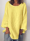 Blusa feminina casual de algodão com gola redonda e manga comprida - Amarelo