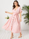 Плюс размер Пуговица с V-образным вырезом Дизайн Короткие рукава Платье - Розовый
