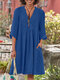 Solid Pocket V-neck 3/4 Sleeve Vintage Dress - Blue