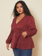 Dot Print V-neck Lantern Sleeve Knotted Plus Size Blouse for Women - Wine Red