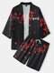Mens Plum Bossom Character Print Kimono Loose Two Pieces Outfits - Black