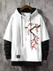 Mens Japanese Cherry Blossoms Print Contrast Patchwork Drawstring Hoodies Winter - White