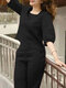Women Solid Square Collar Button Front Casual Cotton Co-ords - Black