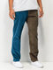 Mens Corduroy Contrast Patchwork Casual Zipper Fly Pants - Blue
