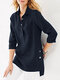 Solid High-low Pocket Button Half Placket 3/4 Sleeve Blouse - Navy