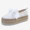 Plus Size Women Casual Butterfly Knot Straw Platform Loafers - White