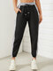 Striped Print Drawstring Pocket Sport Casual Pants for Women - Black