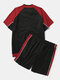 Mens Raglan Sleeves Patchwork Mesh Net Zipper Top & Shorts Co-ords - Black