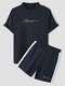 Mens Embroidered Side Stripe Crew Neck Daily Two Pieces Outfits - Navy