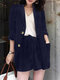 Stripe Print Button Front Pocket Long Sleeve Two Pieces Suit - Navy