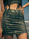 Minifalda fruncida hueca con cordón de teñido anudado para Mujer - Verde