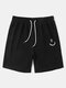 Mens Smile Face Embroidered Texture Preppy Drawstring Shorts - Black