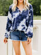 Ombre Tie Dye Printed V-neck Button Long Sleeve Blouse - Blue