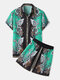 Mens Floral Pattern Baroque Lapel Short Sleeve Two Piece Outfits With Pocket - Green