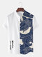 Mens Japanese Carp Print Patchwork Stand Collar Short Sleeve Shirts - White