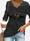 Cat Print Striped V-neck Long Sleeve Plus Size T-shirt for Women - Black