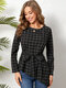 Plaid Print Knotted Long Sleeve Casual Blouse For Women - Black