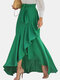 Solid Color Ruffle Waistband Asymmetrical Long Elegant Skirt for Women - Green