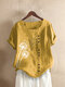 Printed Short Sleeve O-Neck Button Overhead T-shirt - Yellow
