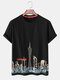 Mens City Building Print 100% Cotton Short Sleeve T-Shirts - Black
