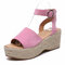 Large Size Women Casual Straw Peep Toe Ankle Belt Buckle Platform Espadrilles Sandals - Pink