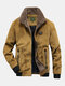 Mens Winter Corduroy 100% Cotton Plus Velvet Warm Zipper Casual Solid Jacket - Khaki