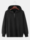 Mens Solid Color Half Zip Cotton Loose Casual Elastic Hem Pullover Hoodies - Black