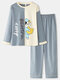 Women 100% Cotton Contrast Color Cartoon Round Neck Casual Home Pajamas Set - Blue