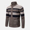 Mens Woolen Knitting Vintage Stripe Stand Collar Plaid Liner Cardigans - Khaki