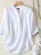 Women Solid Stand Collar Half Button Cotton 3/4 Sleeve Blouse - White