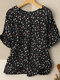 Allover Floral Print Button Front Half Sleeve Casual Blouse - Black