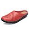Women Flower Hollow Out Casual Leather Flat Backless Loafers - Red