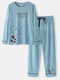 Women Rib Letter Figure Print Crew Neck Cotton Home Pajamas Sets - Blue