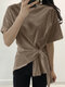 Twisted Designed Lace Up Crew Neck Short Sleeve Blouse - Khaki