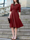Solid Tie Back Half Sleeve Notch Neck Casual Dress - Wine Red