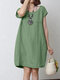 Solid Seam Detail Crew Neck Casual Short Sleeve Dress - Green